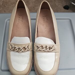Naturalizer Cream and White Loafers with Gold Chain Detail